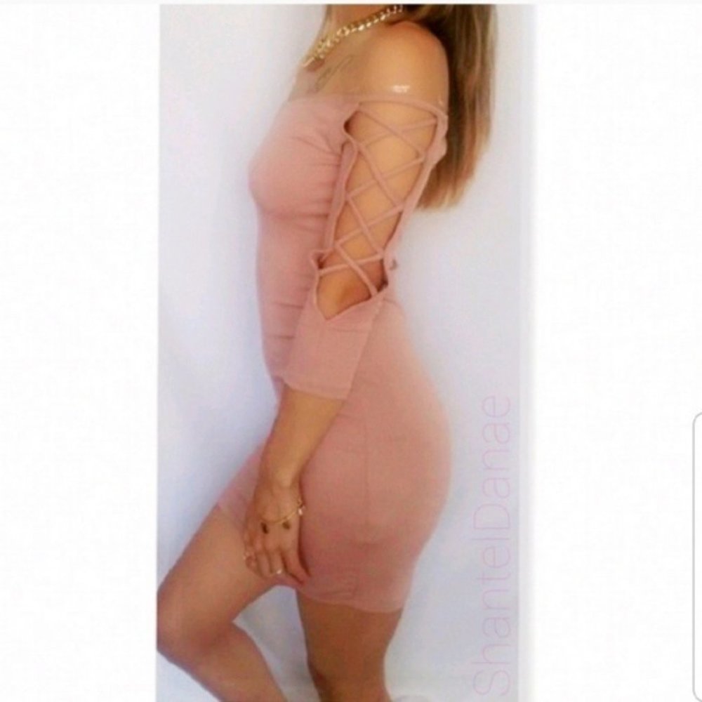 Cold Shoulder Mini Dress Club Attire Nude Blush Bodycon Sexy Quarter Sleeve